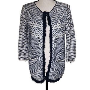 Lucky Brand Cardigan Sweater Ivory and Blue Open Front with Fringe Coastal Sz S